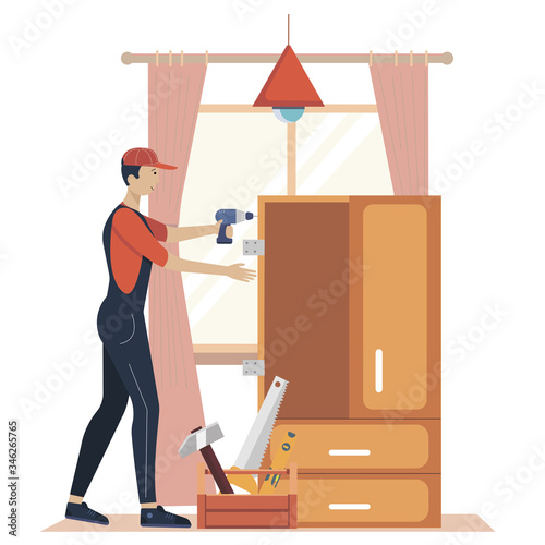 Furniture assembly concept illustration. Workers of manufacture with professional tools. Help from furniture store professional. Flat cartoon vector illustration