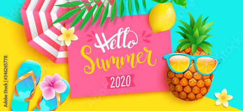 Hello summer 2020 bright greeting banner. Hipster pineapple invites to hot season, poster with tropical leaves,lemon, sun umbrella on two colors geometric background.Vector Illustration.