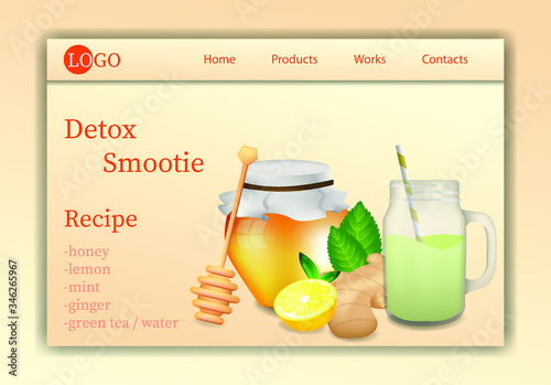 vector illustration of an abstract background with a detox smoothie bottle and honey