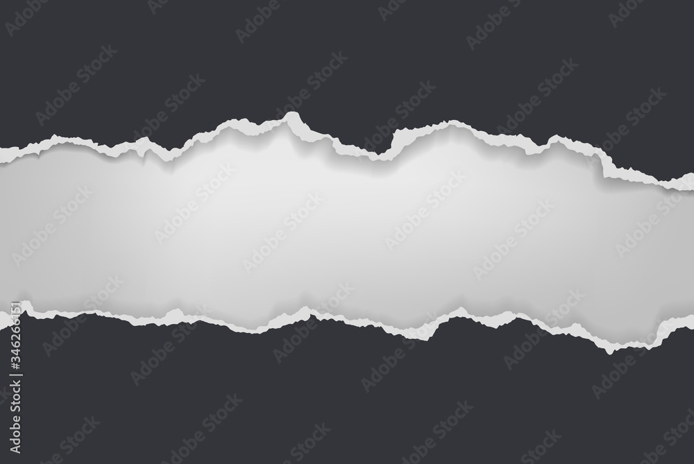 Torn, ripped pieces of horizontal black paper with soft shadow are on white background for text. Vector illustration