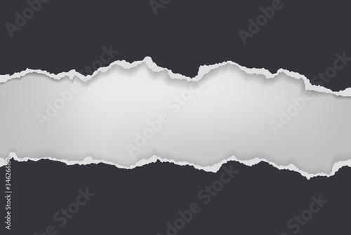 Torn, ripped pieces of horizontal black paper with soft shadow are on white background for text. Vector illustration