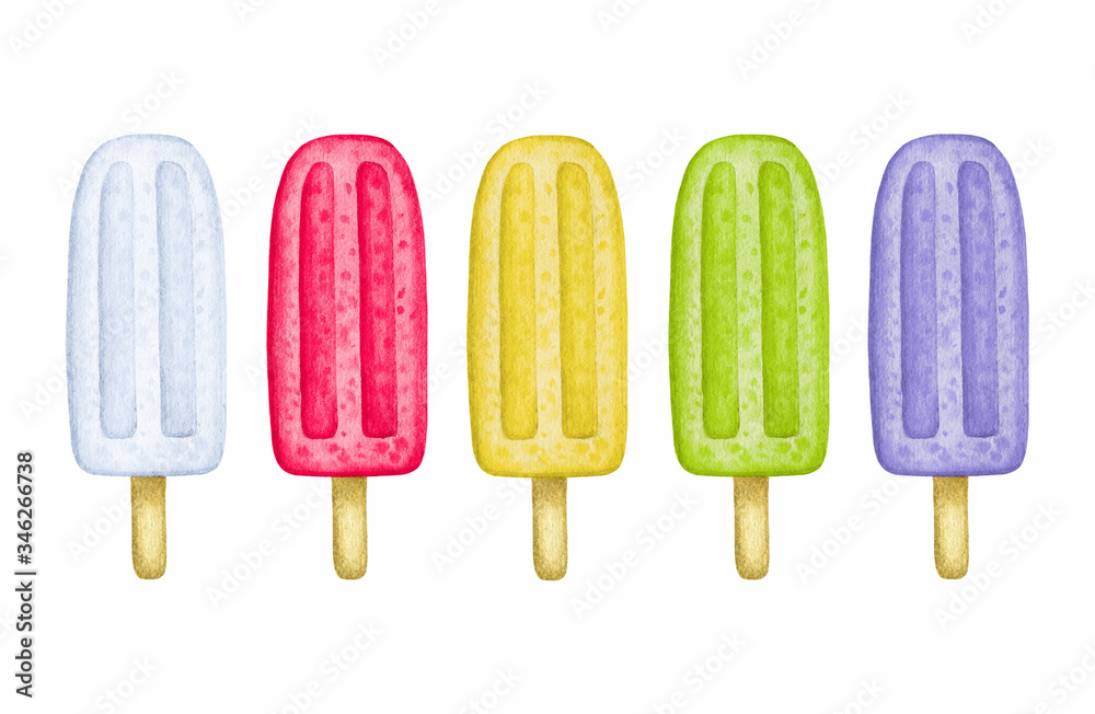 Watercolor ice cream (frozen juice) set. Hand drawn colorful popsicle, ice lolly with wooden stick  in various colors. Summer sweet dessert. Collection of design elements isolated on white background