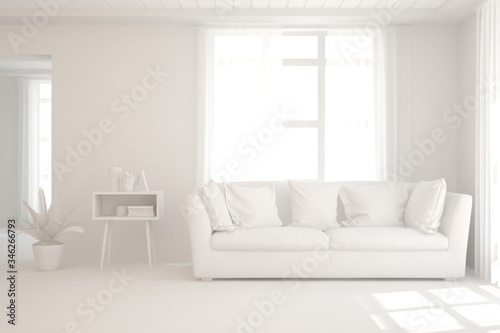 White minimalist living room with sofa. Scandinavian interior design. 3D illustration