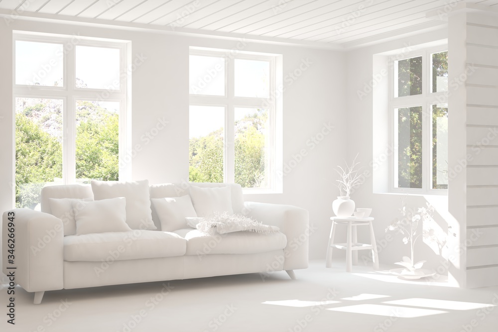 White minimalist living room with sofa. Scandinavian interior design. 3D illustration White minimalist living room with sofa. Scandinavian interior design. 3D illustration