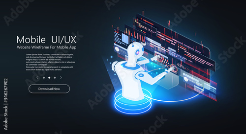 Artificial intelligence provide access to information, education and data in online networks. Chatbot technology, isometric concept vector illustration. Robot head neuronet or ai technology background