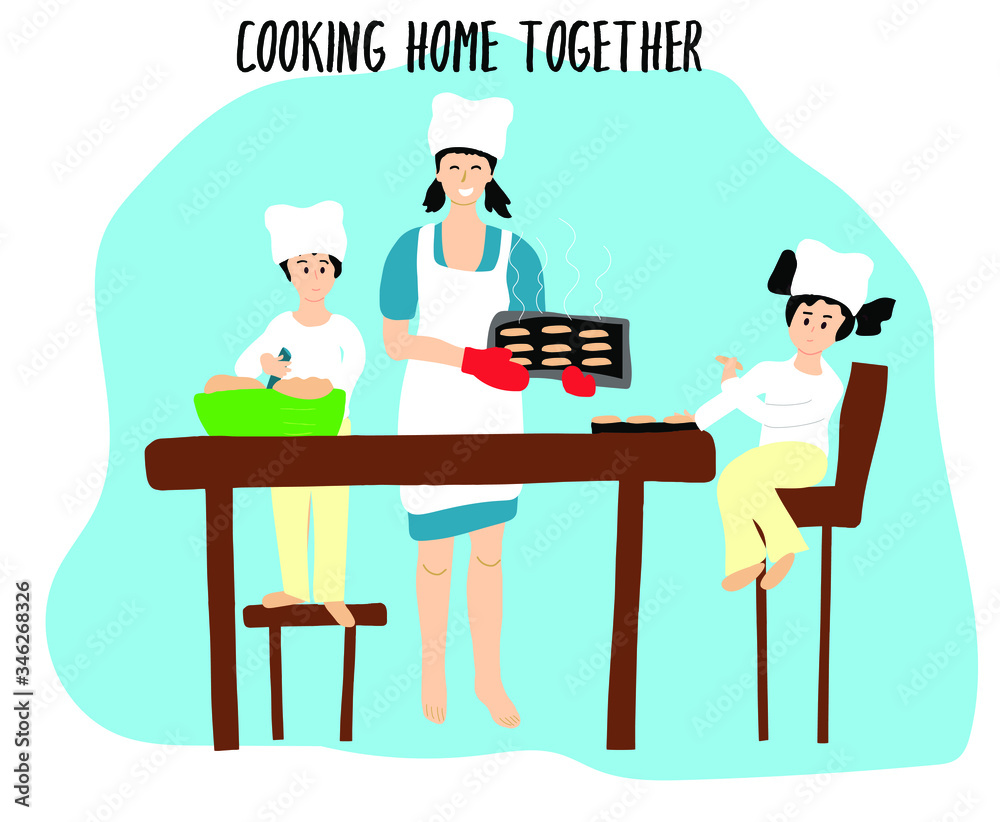 Mother with children cooks bakery in the kitchen. Family cooking. Sister and brother cooking home together with their mother. Hand drawn flat vector concept clipart illustration Mother with children cooks bakery in the kitchen. Family cooking. Sister and brother cooking home together with their mother. Hand drawn flat vector concept clipart illustration