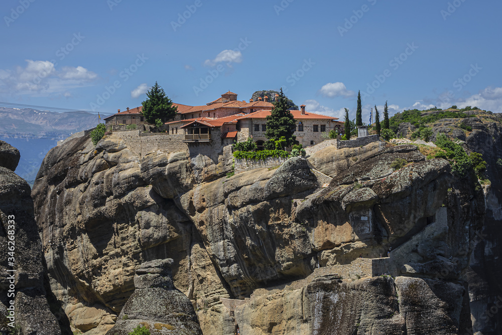 Monastery, located on rocky abyss top at height of more than 400 meters. Meteora is one of largest, most important complexes of Eastern Orthodox monasteries in Greece. Meteora, Peneas Valley, Greece.