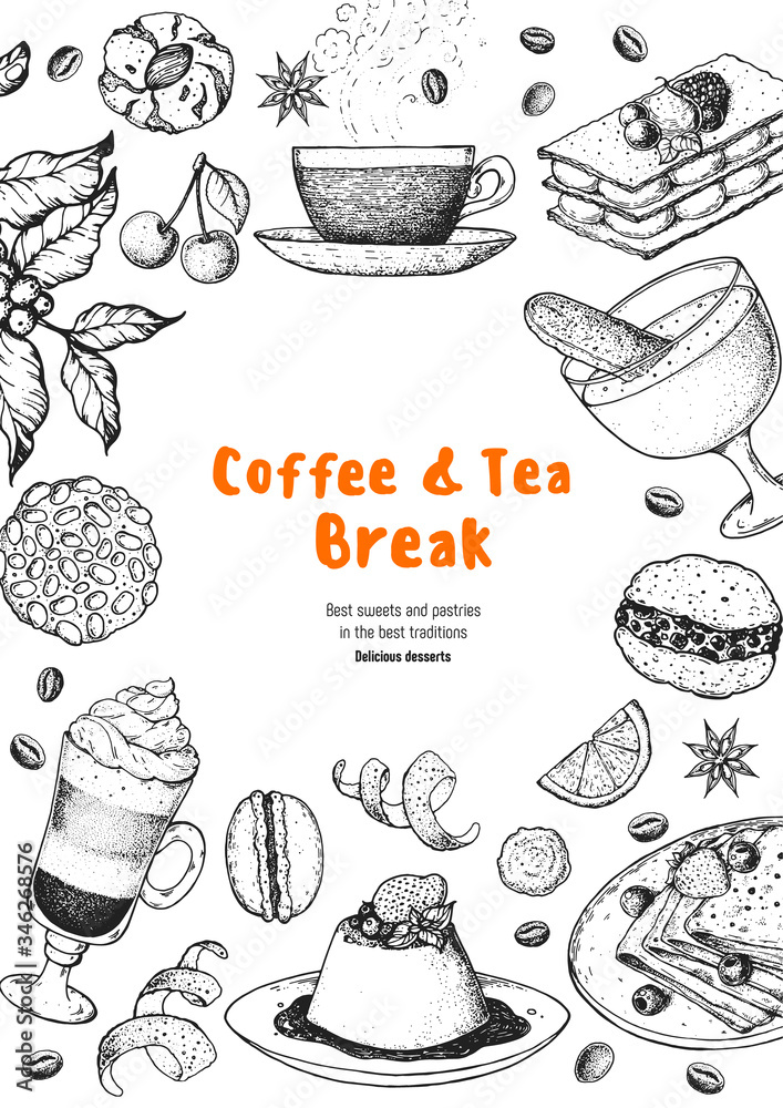 Coffee shop menu design. Hand drawn sketch illustration. Coffee, tea and desserts. Cafe menu elements. Desserts for breakfast.