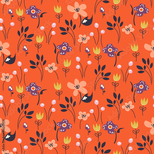 Vintage meadow floral pattern. Rustic flowers and berries red coral background.