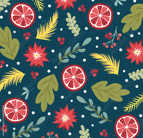Wrapping paper or fabric. Christmas and new year element, poster for your design. Vector pattern with christmas. Christmas flora.