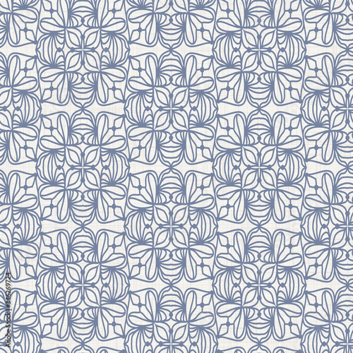 Seamless daisy pattern in french blue linen shabby chic style. Hand drawn floral damask texture. Old white blue background. Interior wallpaper home decor swatch. Ornate flourish motif all over print
