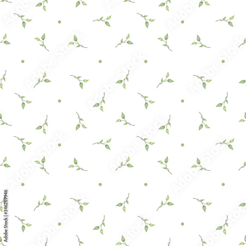 Seamless pattern with green leaves and branches. Beautiful watercolor vegetation on a white background. Design for wallpaper, decor, fabric, textile, packaging, print, paper, gift wrapping