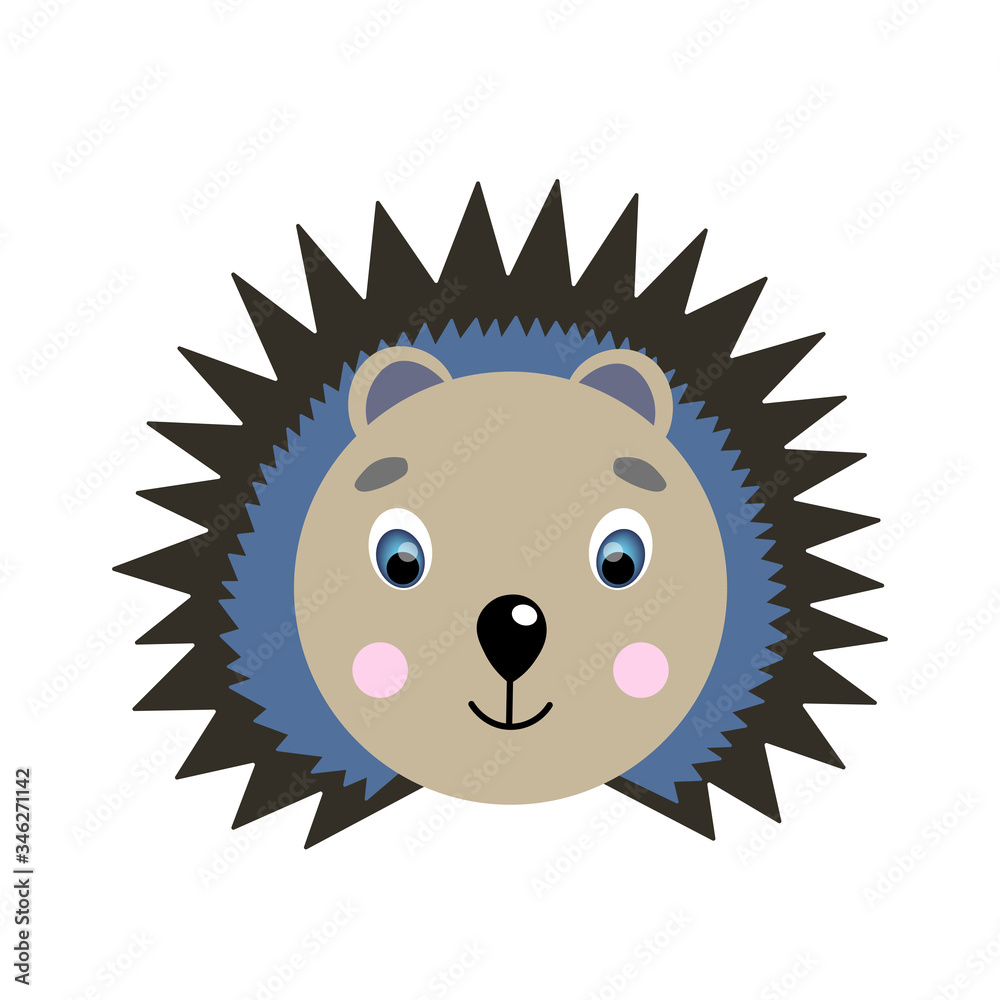 Colorful cute vector hedgehog face. One object on a white background. Cartoon flat illustration. Emoji funny animal. Embarrassed smile emotion. Template icon. Logo, sticker.