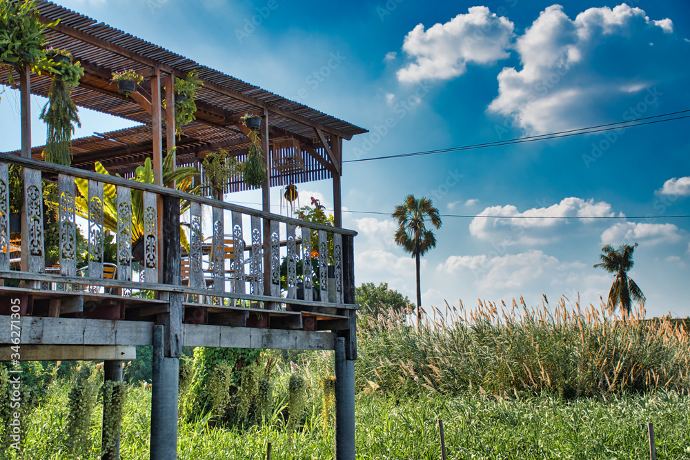 IInterior and exterior of the Twin Thai Traditional House Glastron Clubhouse and HIP CAFE at Ko Kret island