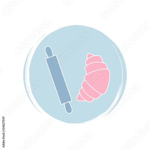 Croissant and rolling pin icon logo vector illustration on circle with brush texture for social media story highlight