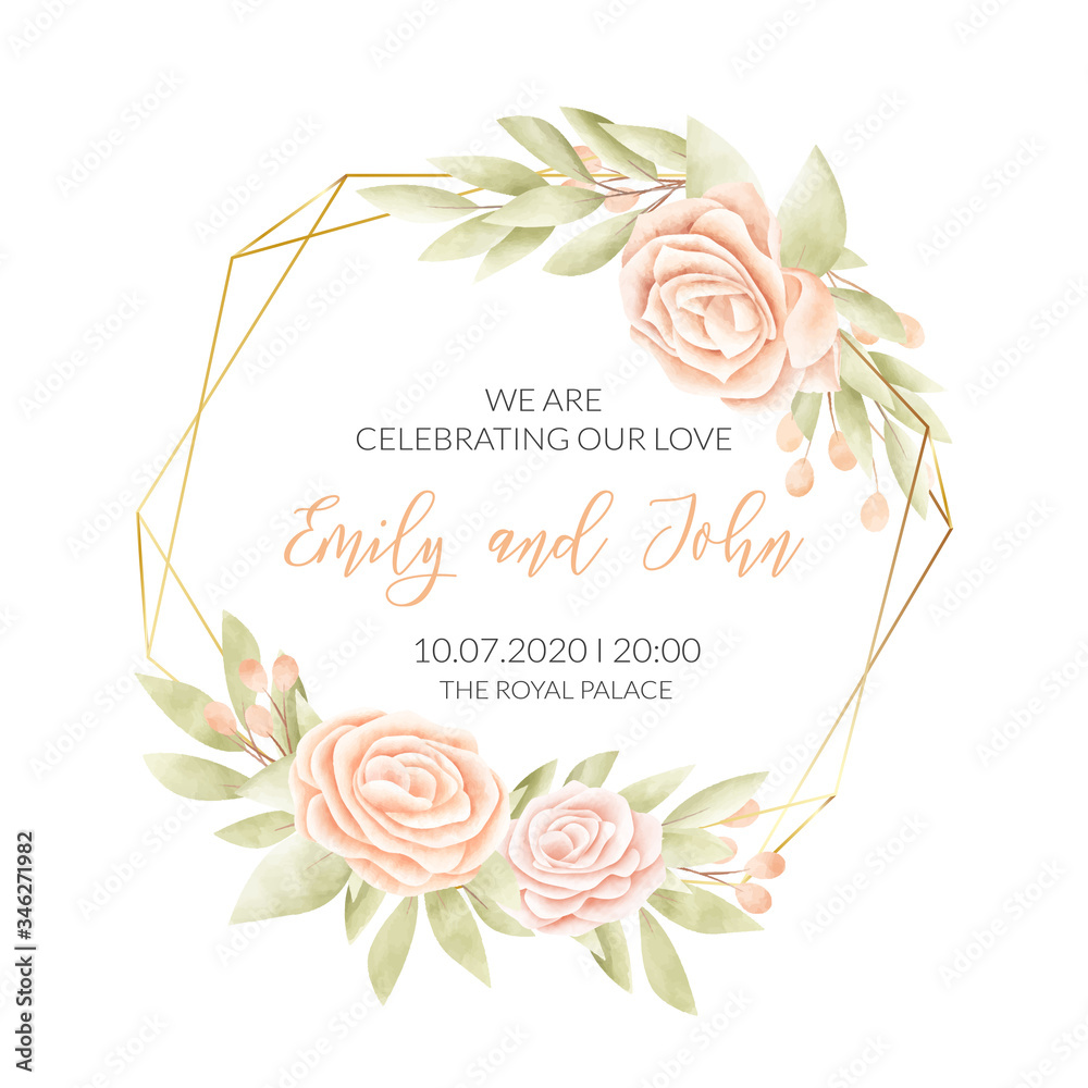 Watercolor floral frame. Wedding invitation card.