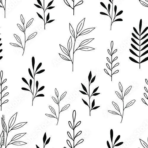 Seamless floral pattern. Seamless pattern with hand drawn forest leaves. Illustration in doodle style for wedding decoration, card, greeting, print and other floral vintage design.