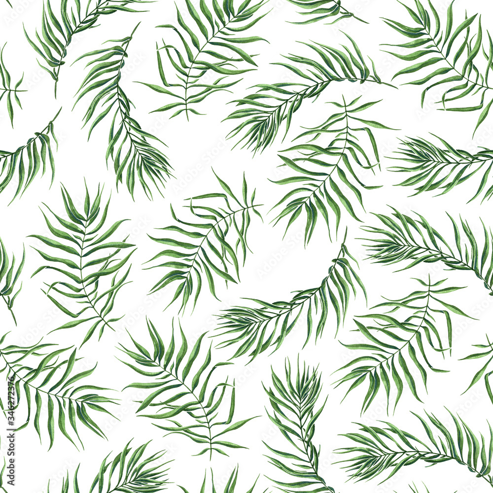 Seamless pattern with watercolor palm leaves. Summer beach pattern. Vacation endless pattern. Perfect for website design, packaging, wrapping paper, invitation, textile, fabrics, print, wallpaper. Seamless pattern with watercolor palm leaves. Summer beach pattern. Vacation endless pattern. Perfect for website design, packaging, wrapping paper, invitation, textile, fabrics, print, wallpaper.
