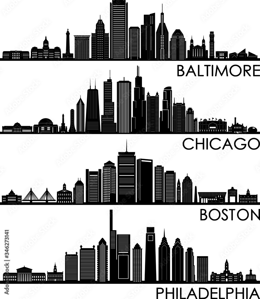 Fototapeta premium BALTIMORE CHICAGO BOSTON PHILADELPHIA City Skyline Silhouette Cityscape Vector