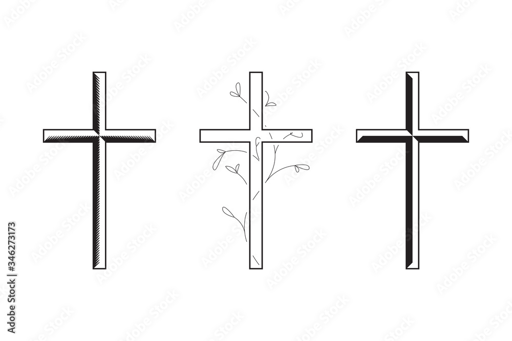 Cross icon collection. Simple funeral design, black and white. Vector illustration isolated on white background
