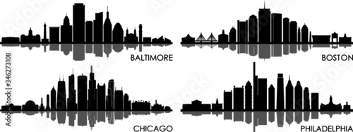 BALTIMORE CHICAGO BOSTON PHILADELPHIA City Skyline Silhouette Cityscape Vector