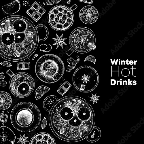 Hot drinks. Mulled wine, winter hot drink. Hand drawn sketch. Vector illustration. Christmas invitation design template. Sketch collection. Christmas bar menu. Mulled wine, coffee and tea.