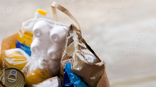 Food donation basket for people. The concept of quarantine assistance during the coronavirus pandemic. Food delivery. Volunteer assistance. Close-up.