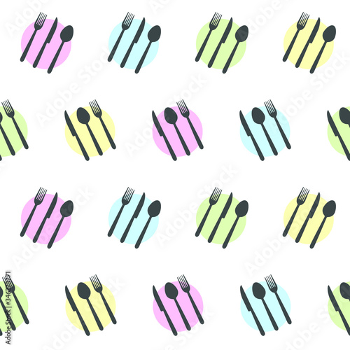 Seamless pattern - forks, spoons and knives in circles. Restaurant pattern. Vector illustration.