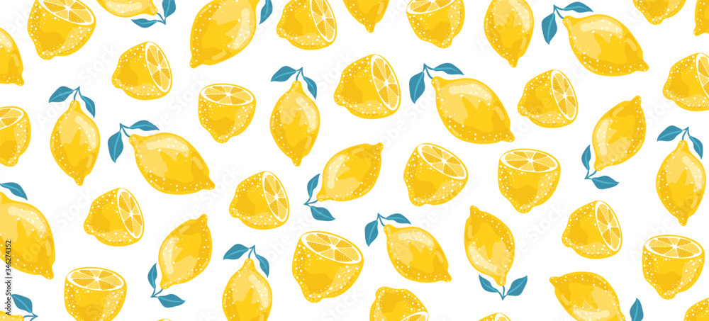 Summer pattern with sliced lemons. Vector illustration. Watercolor lemon fruit with leaves pattern on dark background. Lemon citrus tree. 