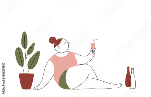 Abstract vector illustration of a girl sitting on the floor and drinking wine.