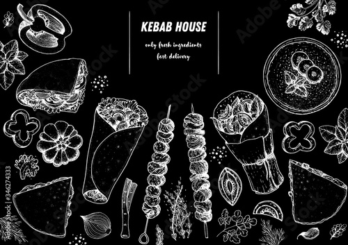 Doner kebab cooking and ingredients for kebab, sketch illustration. Arabic cuisine frame. Fast food menu design elements. Shawarma hand drawn frame. Middle eastern food.