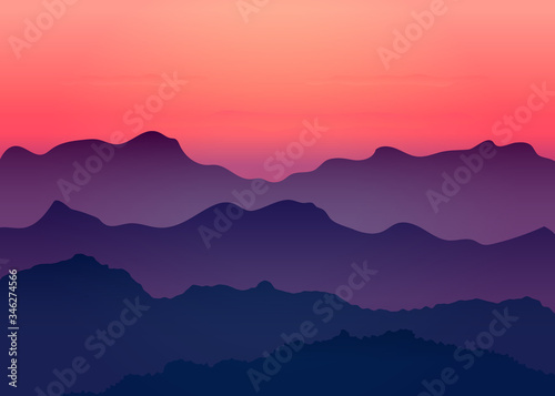 Beautiful dark gradient purple mountain landscape with fog and forest. Sunrise and sunset in mountains. Red sunset in mountains landscape. Vector illustration background
