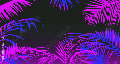 Tropical summer landscape with coconut palm trees or ferns. Lounge atmosphere on vacations. Vaporwave and retrowave style illustration for print or cover.