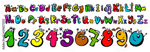 Children's fun alphabet with eyes. Funny multi-colored numbers. Vector illustration