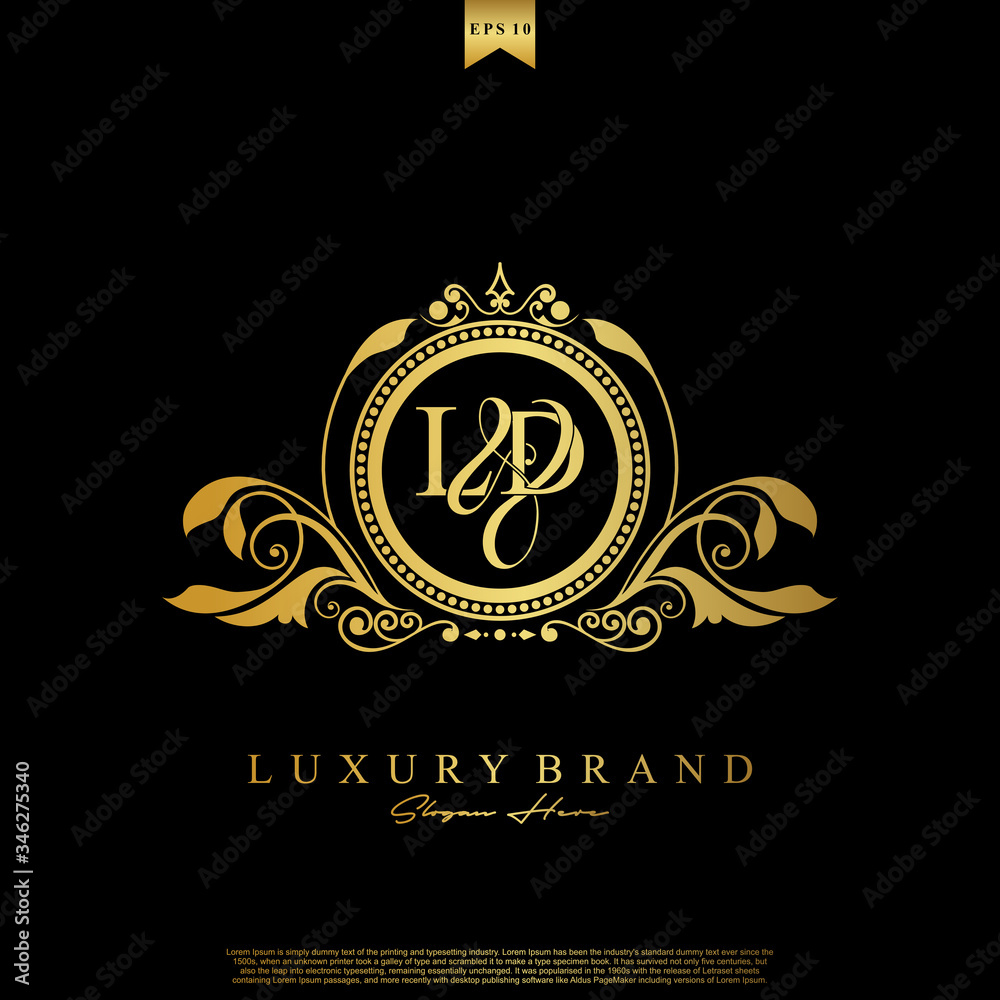 Logo Initial letter LD luxury vector mark, gold color elegant classical symmetric curves decor.
