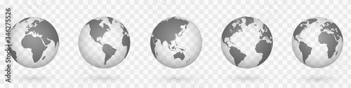 Globes of Earth 3D set. Realistic world map in globe shape. World maps realistic with shadow on transparent background - stock vector.