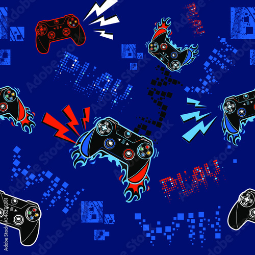 Abstract seamless pattern with gamepads with slogans on endless dark blue background with digital elements end dots. Grunge gaming repeat print for sport textile, fashion clothes, wrapping paper.