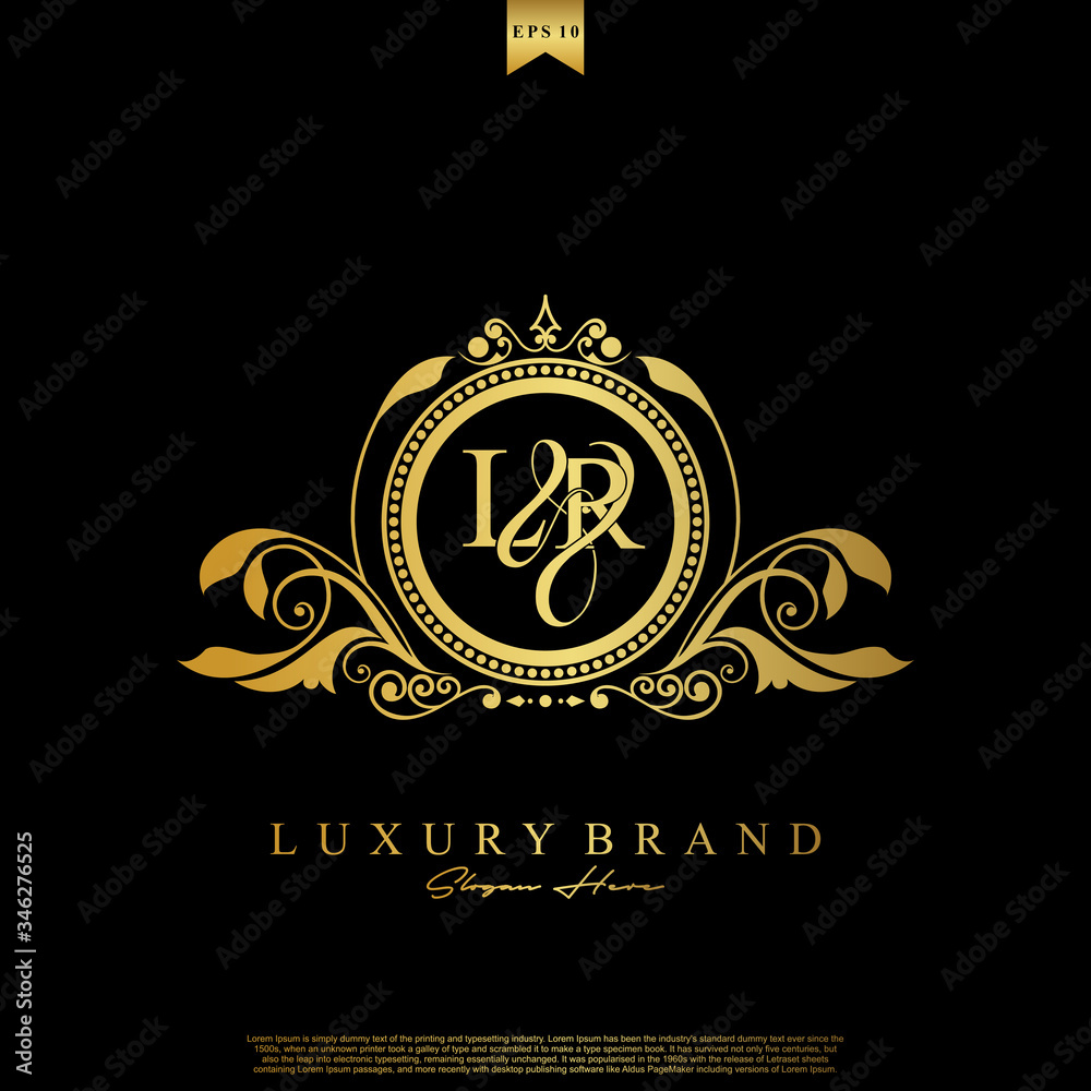 Logo Initial letter LR luxury vector mark, gold color elegant classical symmetric curves decor. Logo Initial letter LR luxury vector mark, gold color elegant classical symmetric curves decor.