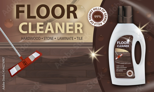 Floor cleaner. Disinfectant cleaner for washing floors. Mop cleaning hardwood, laminate etc. Package design realistic illustration. Advertisement poster layout or banner.
