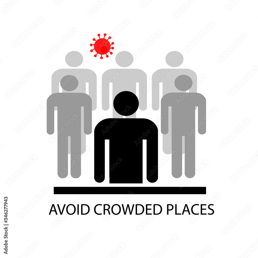 Avoid crowded places. A person among a group of people. Stylized concept of the spread of viral infection. Prevention of coronavirus. Poster. Vector illustration Avoid crowded places. A person among a group of people. Stylized concept of the spread of viral infection. Prevention of coronavirus. Poster. Vector illustration
