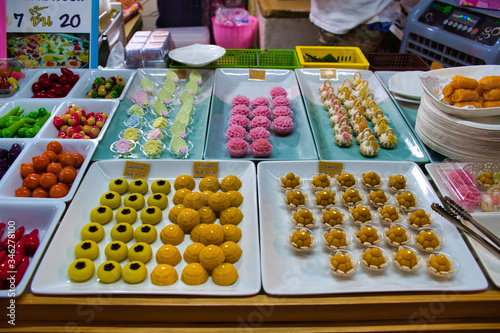 Traditional Thai pretty little desserts shaped into mini Thai fruits, vegetables like mangos, chilis and mangosteens. Thai name is Luk Chub, it is made of steamed mung beans