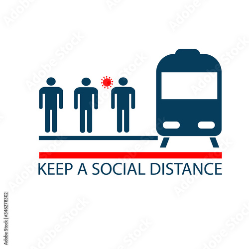 Keep a social distance when boarding public transport. People get on the train. The concept of preventing infection by a virus. Vector illustration