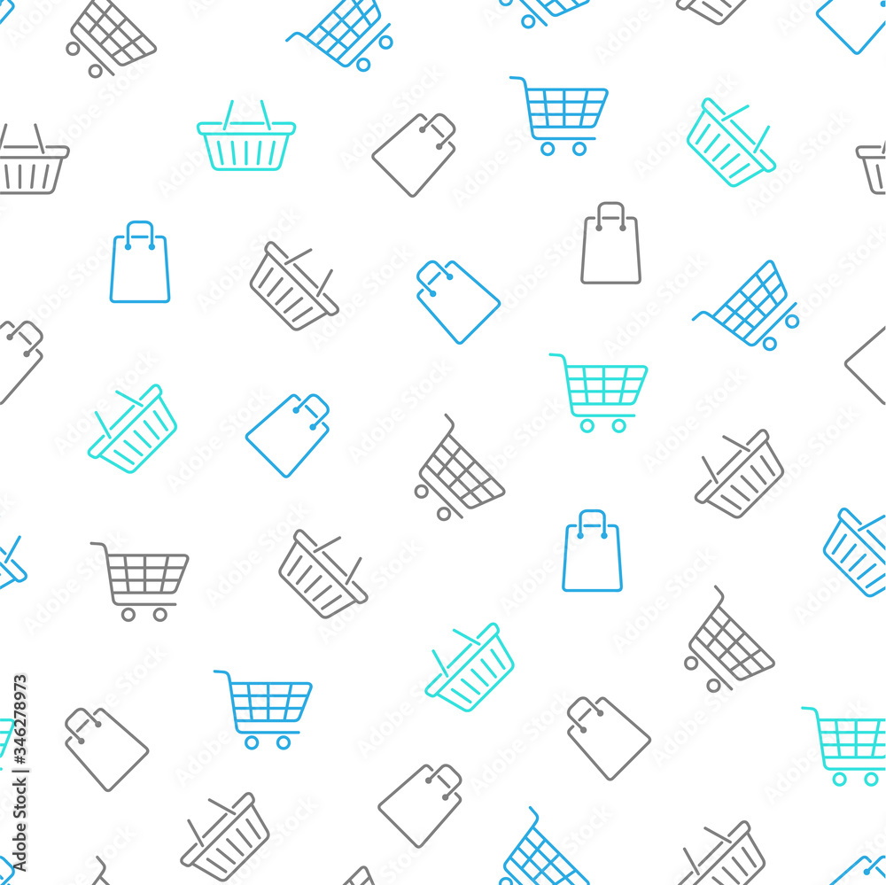Shopping seamless pattern. Line art. Shopping cart, bag and basket on white  background. E-commerce, online shop background. Vector illustration. Stock  Vector | Adobe Stock
