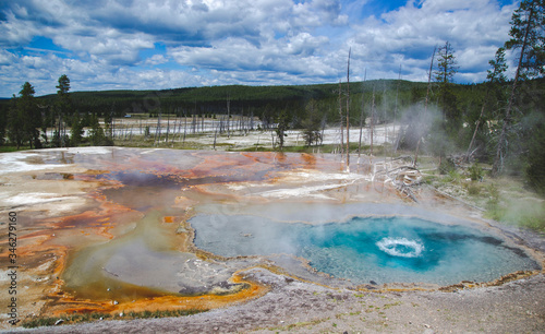 Basin with blue shade of thermal microorganisms inside with orange brown color by sides in Yellowstone National park United States, Travel background with geysers and hot springs, famous landmarks.