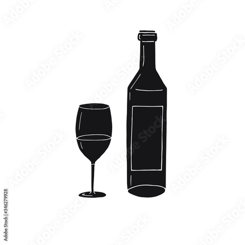 Vector hand drawn doodle sketch black wine bottle and glass isolated on white background