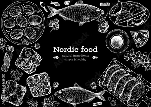 Scandinavian cuisine sketch collection. Hand drawn vector illustration. Food menu design template, engraved elements. Scandinavian food set. Smorgasbord illustration.