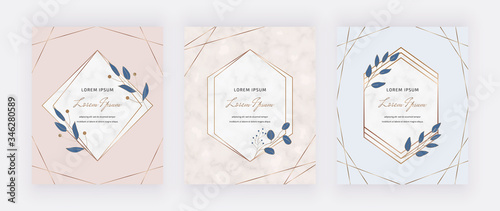 Botanical design cards with geometric marble frames and blue leaves. Trendy templates for wedding invitation, greeting, banner, flyer, poster, save the date
