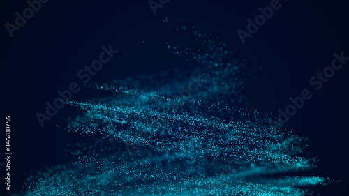 Digital dynamic particles explosion. Abstract blue futuristic background. Big data visualization. 3D rendering.