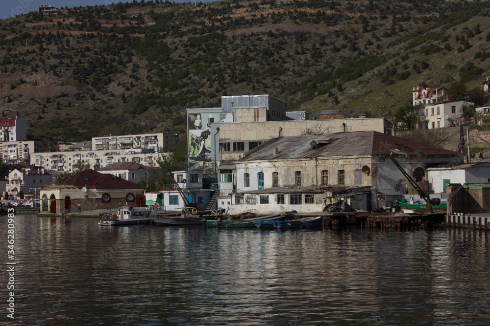 Sevastopol city, Balaklava district view of the houses from the bay.