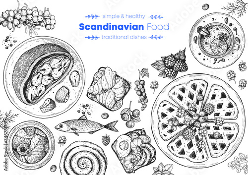 Scandinavian cuisine top view frame. Smorgasbord illustration. A set of Scandinavian dishes . Food menu design template. Vintage hand drawn sketch vector illustration. Engraved image